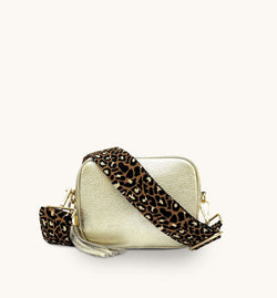 The Tassel Gold Leather Crossbody Bag With Tan Cheetah Strap