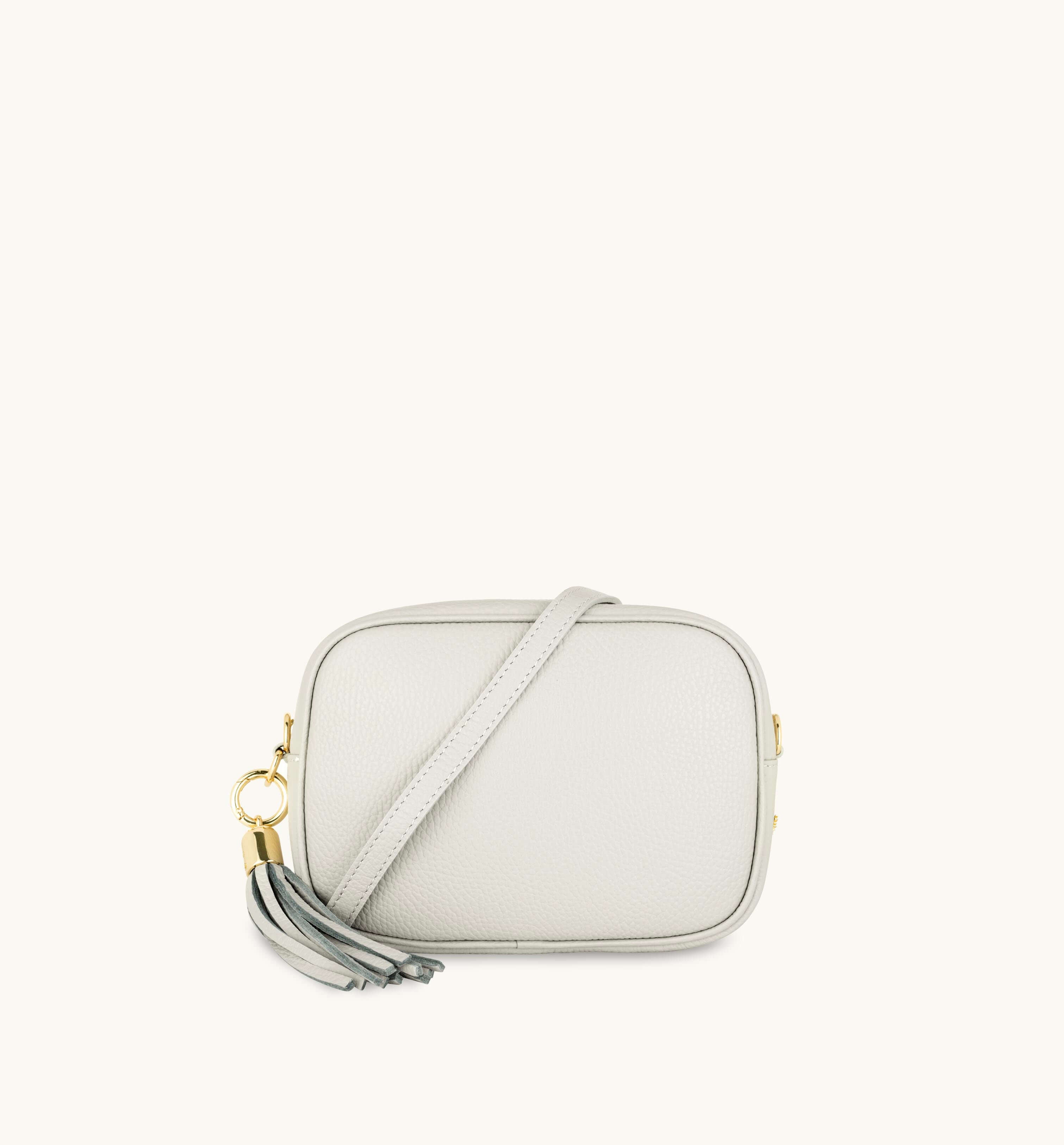 The Tassel Light Grey Leather Crossbody Bag With Gold Chain Strap