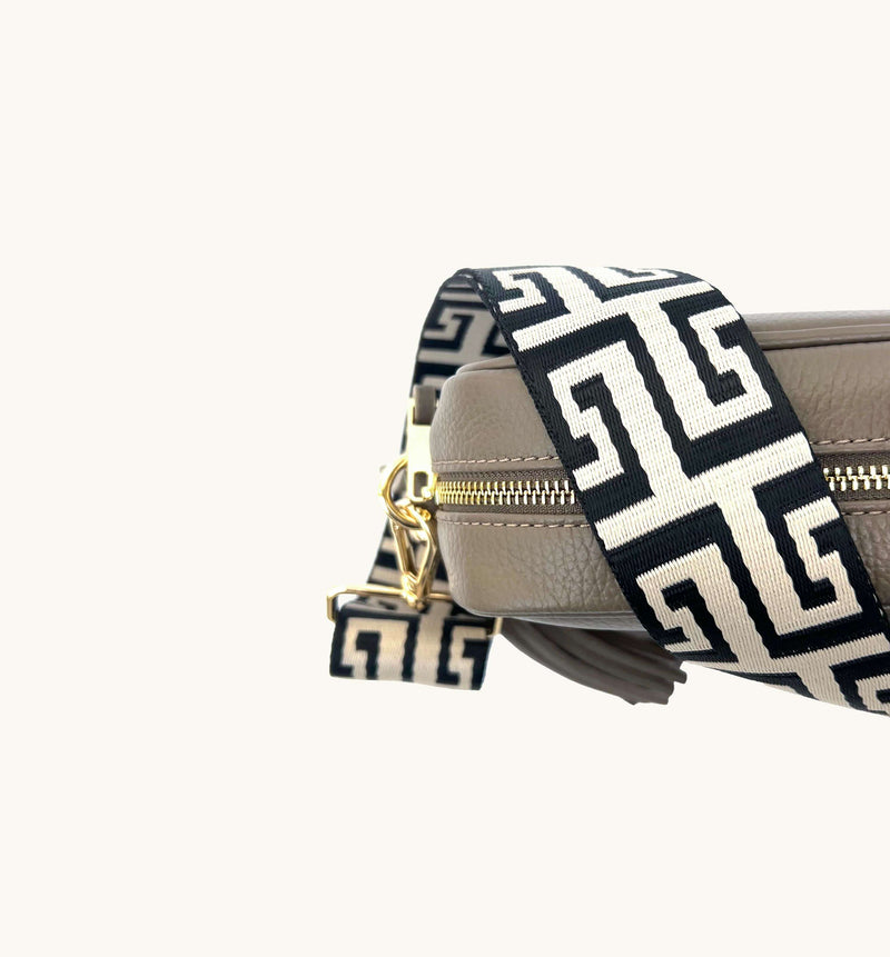 Latte Leather Crossbody Bag With Black & Stone Maze Strap