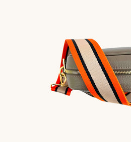 Latte Leather Crossbody Bag With Orange, Tan & Black Stripe Strap