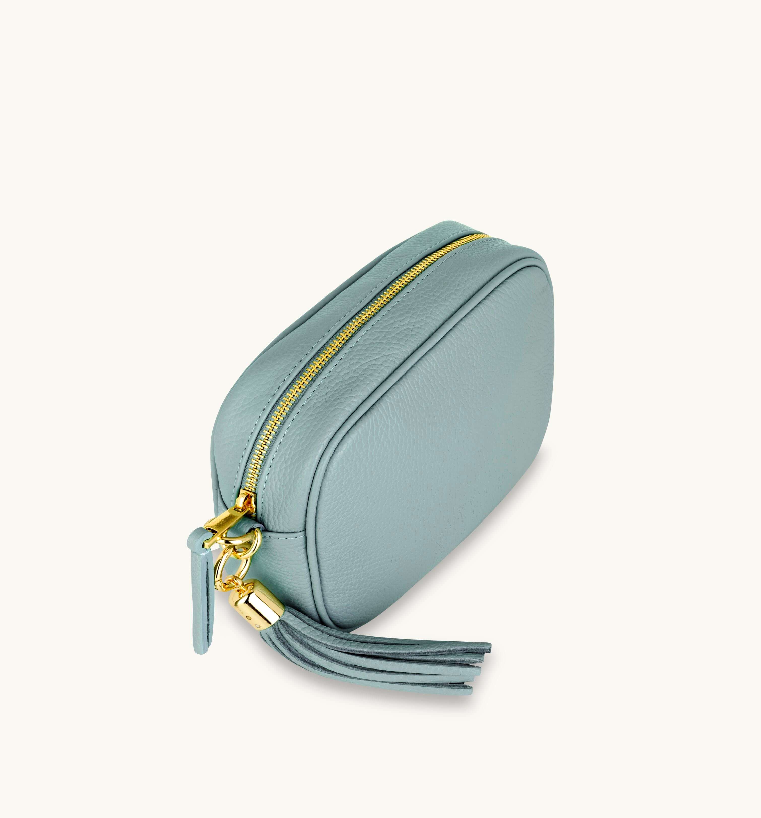 The Tassel Pale Blue Leather Crossbody Bag With Gold Chain Strap