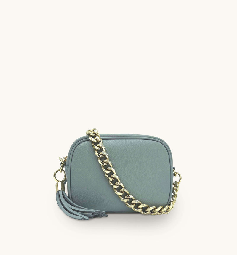 Apatchy Pale Blue Leather Crossbody Bag With Gold Chain Strap Strap