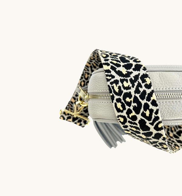 Light Grey Leather Crossbody Bag With Apricot Cheetah Strap