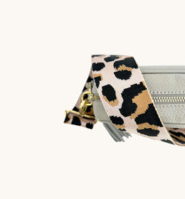 Light Grey Leather Crossbody Bag With Pale Pink Leopard Strap