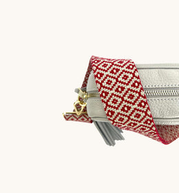 Light Grey Leather Crossbody Bag With Red Cross-Stitch Strap