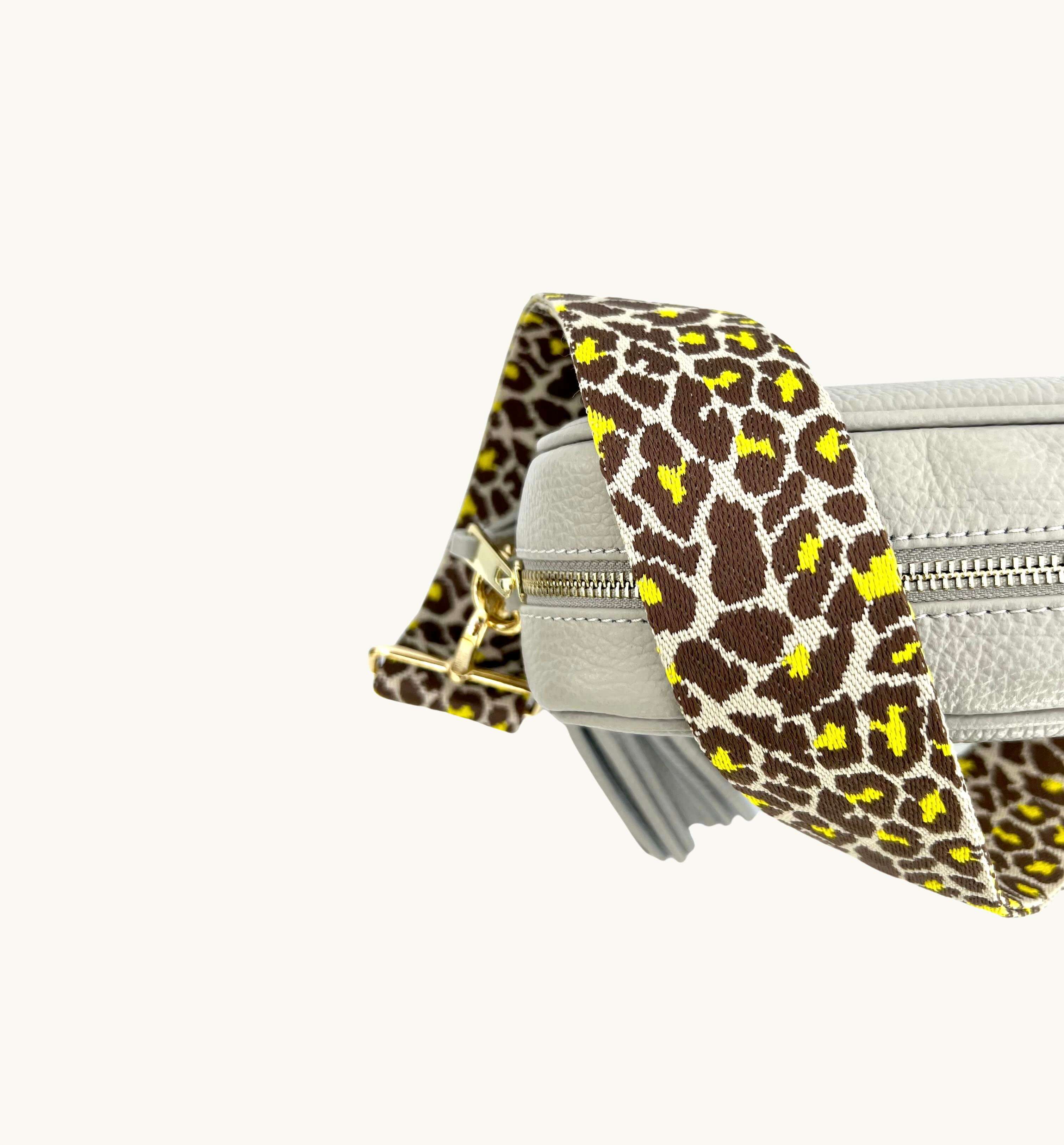Light Grey Leather Crossbody Bag With Lemon Cheetah Strap