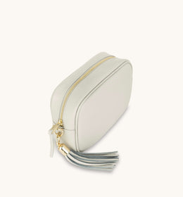 Light Grey Leather Crossbody Bag With Tan Boho Strap