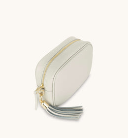Light Grey Leather Crossbody Bag With Gold Chain Strap