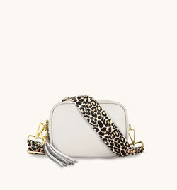 The Tassel Light Grey Leather Crossbody Bag With Apricot Cheetah Strap