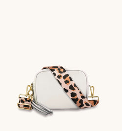 The Tassel Light Grey Leather Crossbody Bag With Pale Pink Leopard Strap
