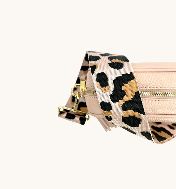 Pale Pink Leather Crossbody Bag With Pale Pink Leopard Strap