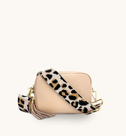 Apatchy Pale Pink Leather Crossbody Bag With Pale Pink Leopard Strap