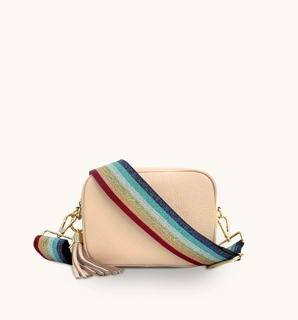 Apatchy Pale Pink Leather Crossbody Bag With Rainbow Strap
