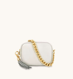 The Tassel Light Grey Leather Crossbody Bag With Gold Chain Strap