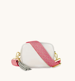 Light Grey Leather Crossbody Bag With Neon Pink Cross-Stitch Strap