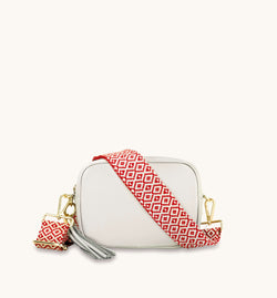 Light Grey Leather Crossbody Bag With Red Cross-Stitch Strap
