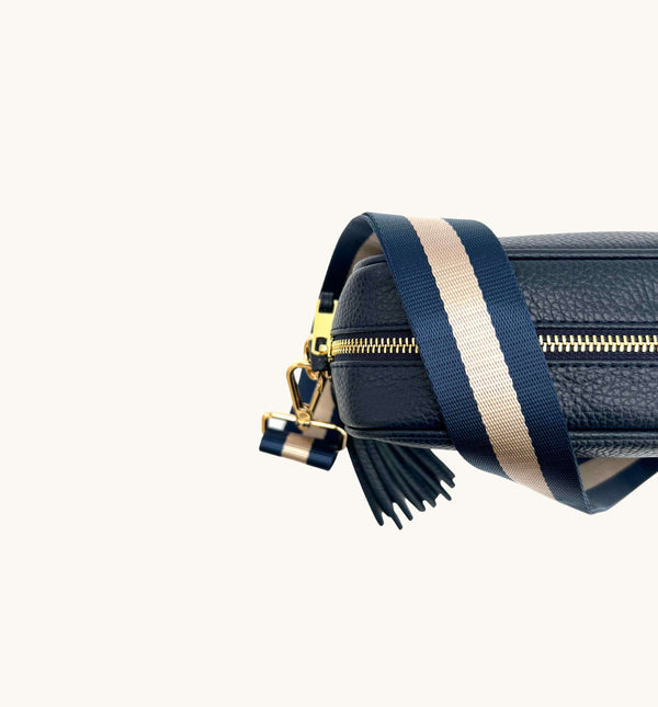 Navy Leather Crossbody Bag With Navy & Gold Stripe Strap