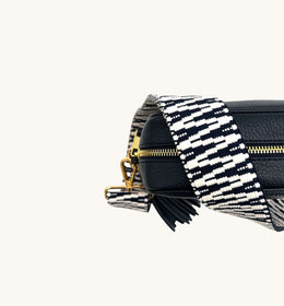 Navy Leather Crossbody Bag With Navy & White ZigZag Strap