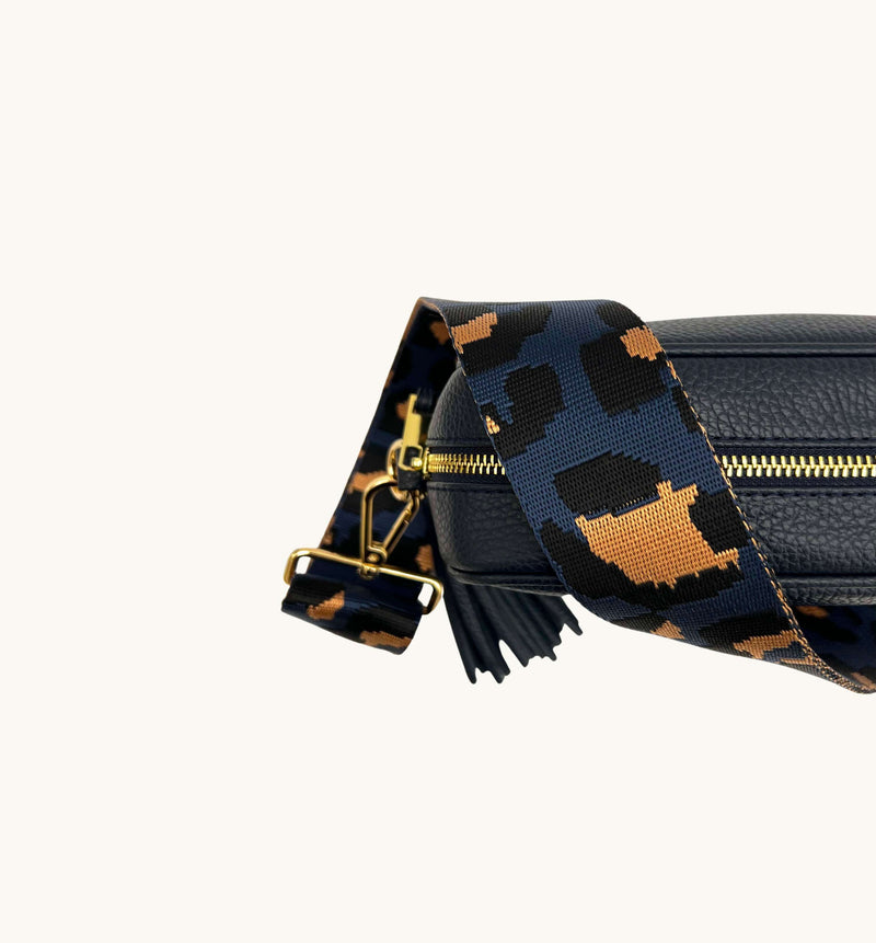 Navy Leather Crossbody Bag With Navy Leopard Strap