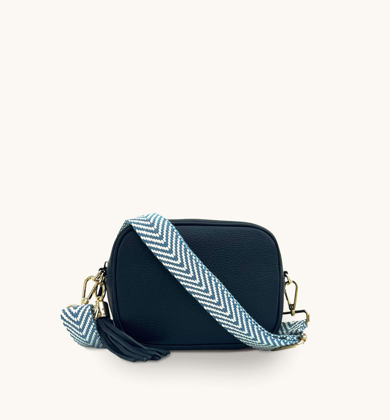 Apatchy Navy Leather Crossbody Bag With Denim Blue Chevron Strap