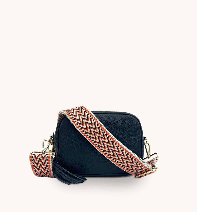 Apatchy Navy Leather Crossbody Bag With Grey Boho Strap
