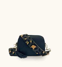 The Tassel Navy Leather Crossbody Bag With Grey Leopard Strap