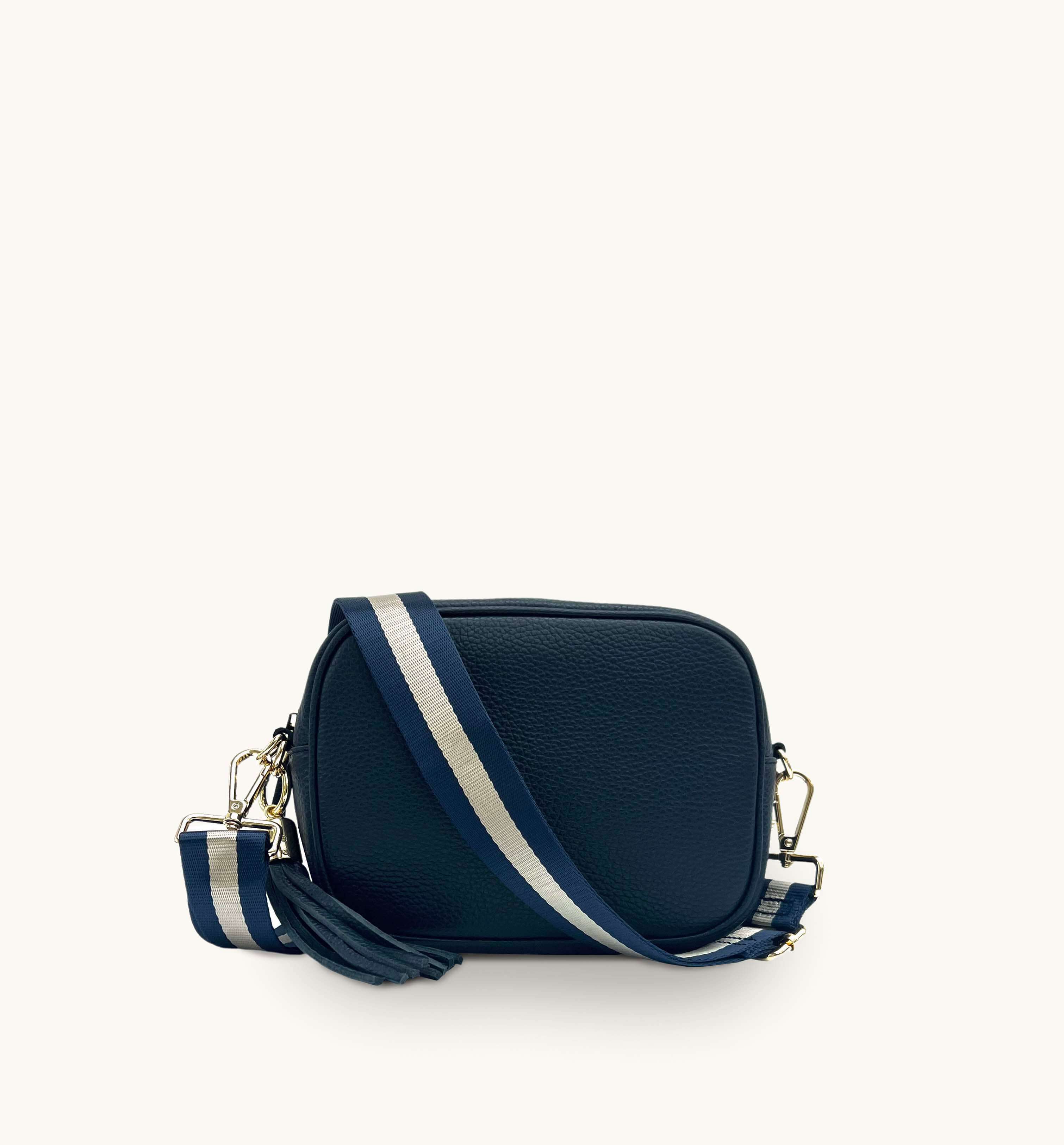 Navy Leather Crossbody Bag With Navy & Gold Stripe Strap – Apatchy London