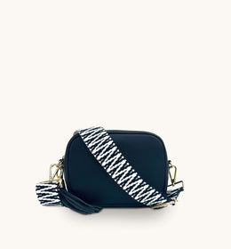 Apatchy Navy Leather Crossbody Bag With Navy & White Zigzag Strap