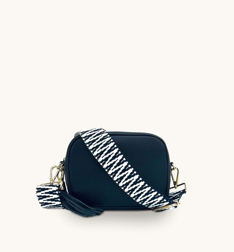 Apatchy Navy Leather Crossbody Bag With Navy & White Zigzag Strap
