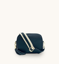 The Tassel Navy Leather Crossbody Bag With Leather & Canvas Strap
