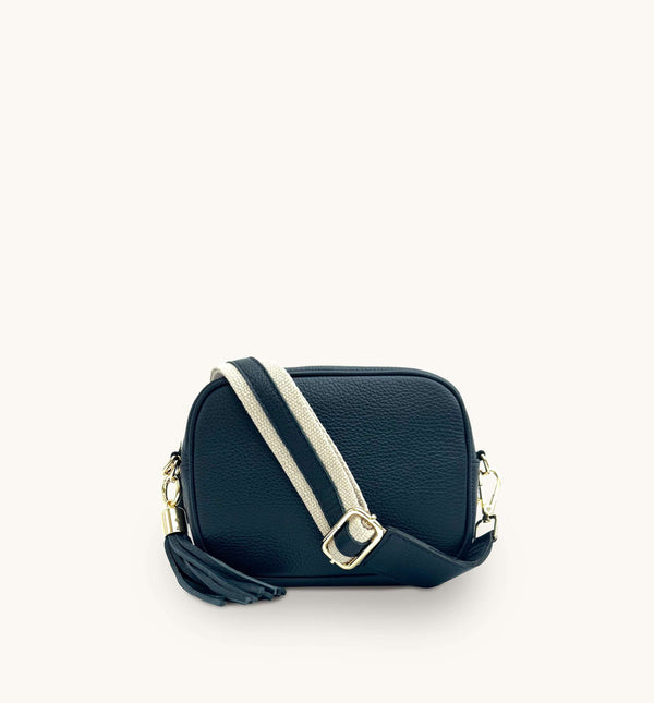 Apatchy Navy Leather Crossbody Bag With Leather & Canvas Strap
