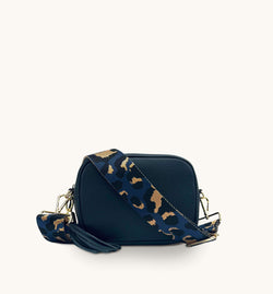 The Tassel Navy Leather Crossbody Bag With Navy Leopard Strap