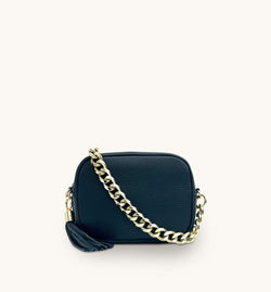 The Tassel Navy Leather Crossbody Bag With Gold Chain Strap