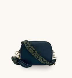 The Tassel Navy Leather Crossbody Bag With Olive Green Cheetah Strap