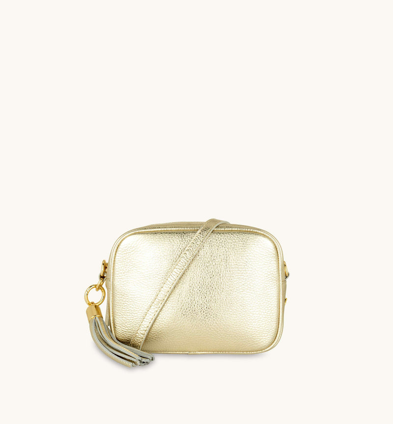 Gold Leather Crossbody Bag With Black & Stone Arrow Strap