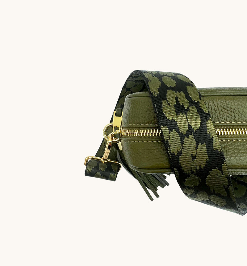 Olive Green Leather Crossbody Bag With Olive Green Cheetah Strap