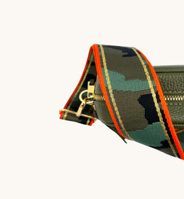 Olive Green Leather Crossbody Bag With Orange & Gold Stripe Camo Strap