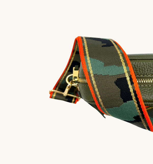 Olive Green Leather Crossbody Bag With Orange & Gold Stripe Camo Strap