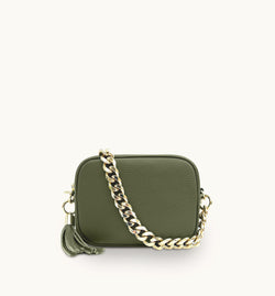 The Tassel Leather Crossbody Bag With Gold Chain Strap