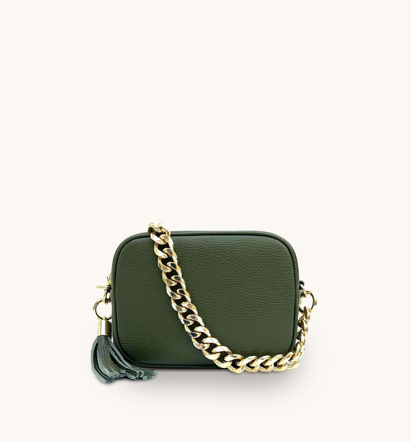 Apatchy Olive Green Leather Crossbody Bag With Gold Chain Strap