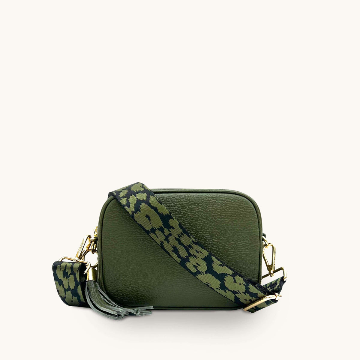 Olive Green Leather Crossbody Bag, Green Cheetah Apatchy London