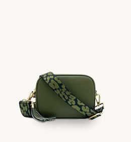 Apatchy Olive Green Leather Crossbody Bag With Olive Green Cheetah Strap