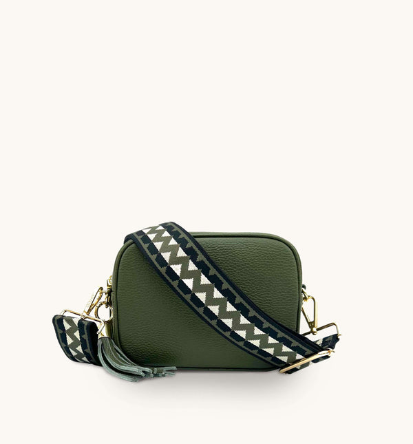 Apatchy Olive Green Leather Crossbody Bag With Olive & Black ZigZag Strap