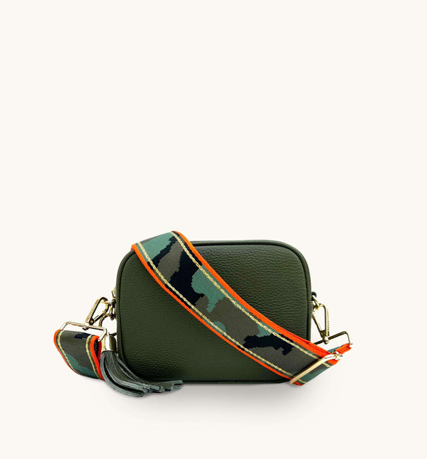 Apatchy Olive Green Leather Crossbody Bag With Orange & Gold Stripe Camo Strap