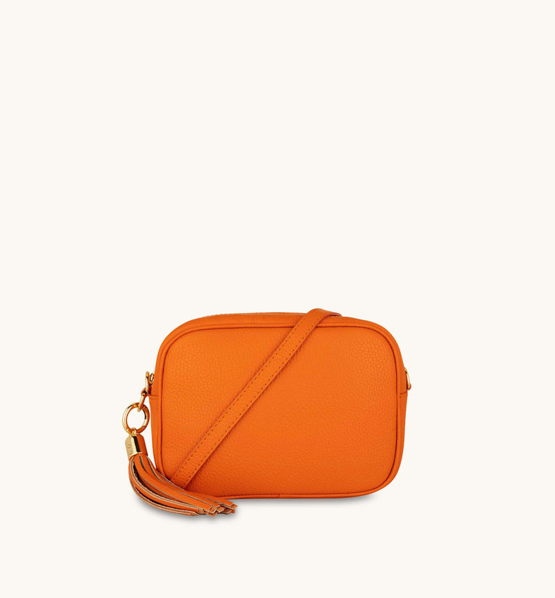Orange Leather Crossbody Bag With Orange Boho Strap