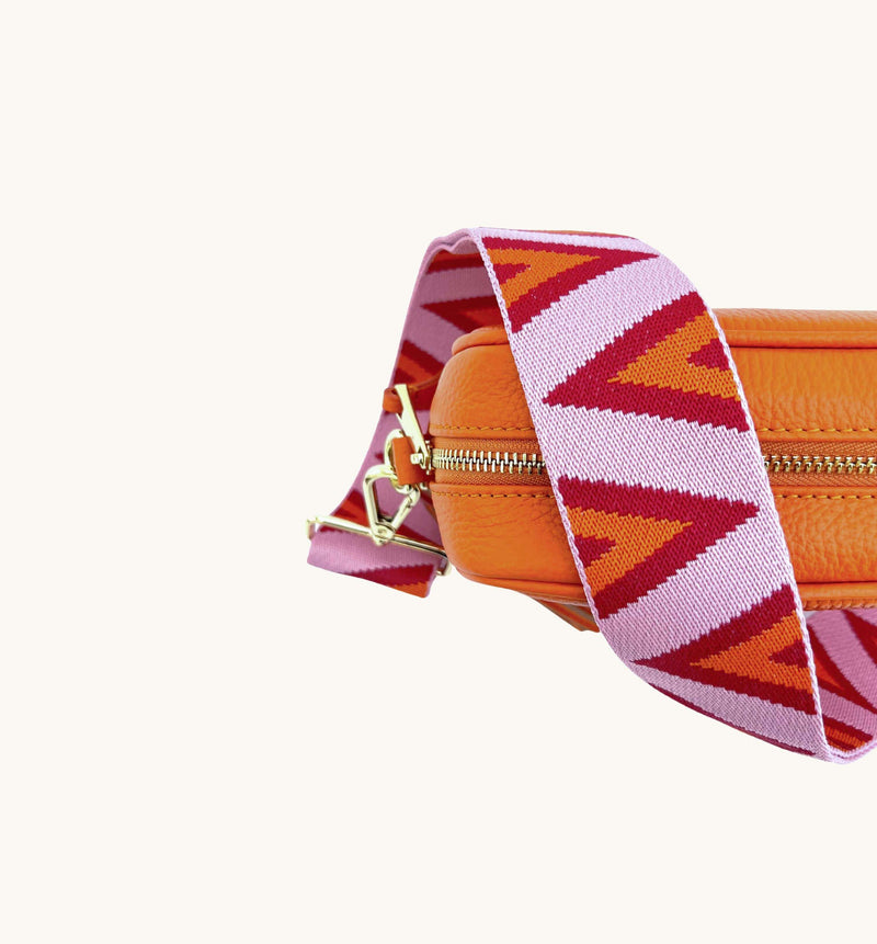 Orange Leather Crossbody Bag With Pink & Orange Triangle Strap