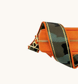 Orange Leather Crossbody Bag With Orange & Gold Stripe Camo Strap