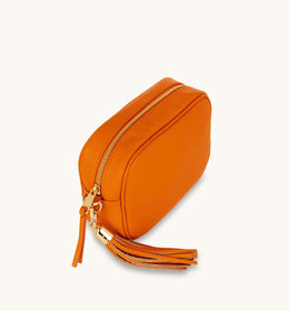 Orange Leather Crossbody Bag With Orange, Tan & Black Stripe Strap