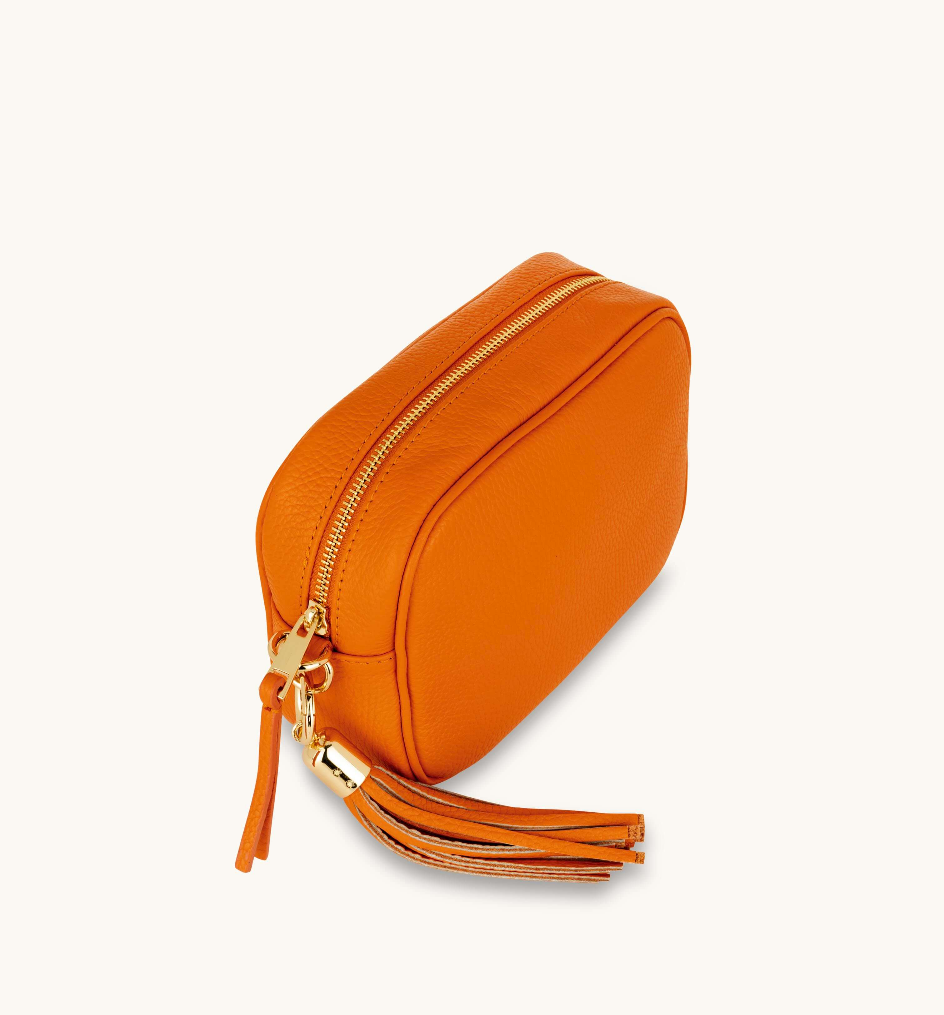 Orange Leather Crossbody Bag With Orange & Tan Check Strap