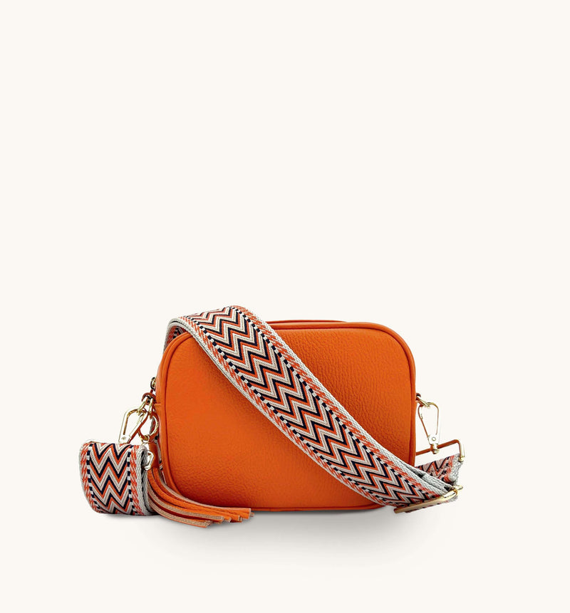 Apatchy Orange Leather Crossbody Bag With Grey Boho Strap